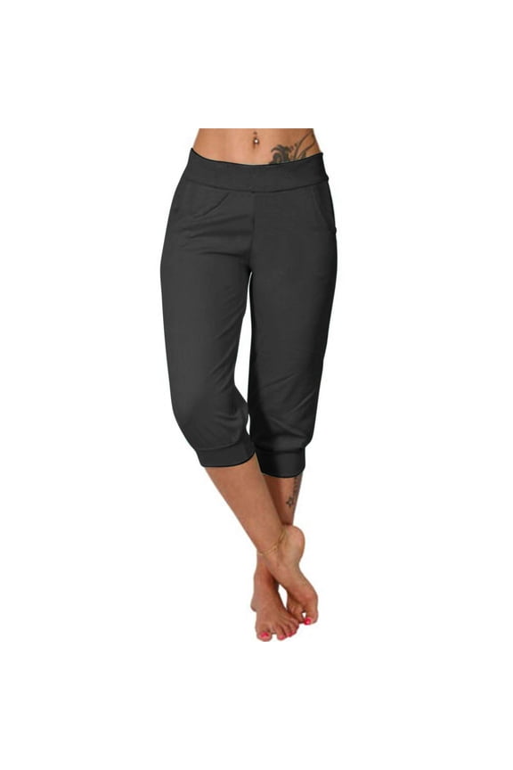 Womens Capri Pants Summer Low Rise Joggers Elastic Waisted Causal Solid Color Yoga Pants Loose Fit Capris with Pockets