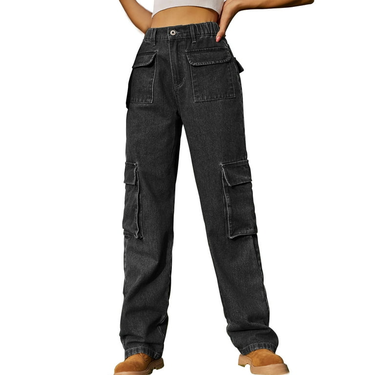 XFLWAM Womens Cargo Jeans High Waisted Wide Leg Baggy Denim Cargo Pants  Flap Pocket Y2K Streetwear Casual Trousers Dark Gray L 