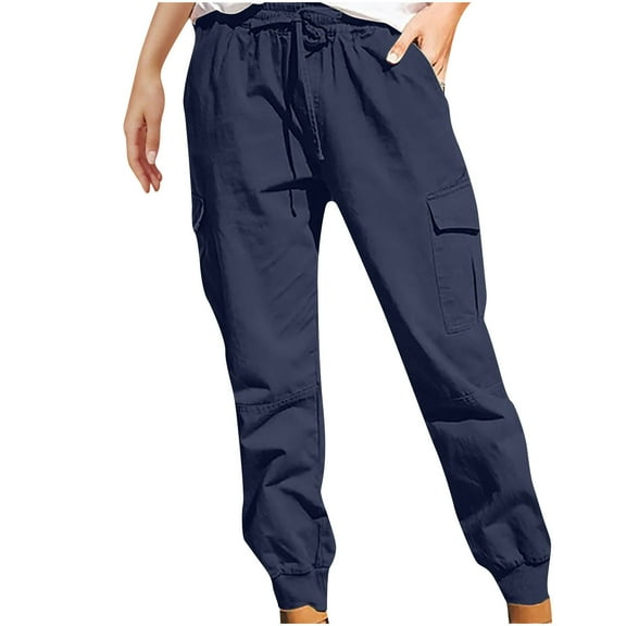 XFLWAM Womens Cargo Pants High Waisted Joggers Pants with Pockets Drawstring Waist Y2K Pants Navy Blue S
