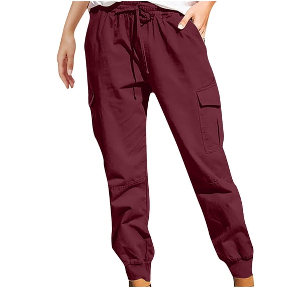 XFLWAM Womens Cargo Pants High Waisted Joggers Pants with Pockets Drawstring Waist Y2K Pants Wine Red M