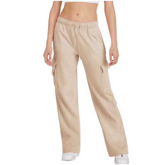 XFLWAM Womens Cargo Sweatpants Elastic High Waisted Drawstring Joggers Pants Baggy Straight Leg Y2K Trousers with Pockets Khaki L