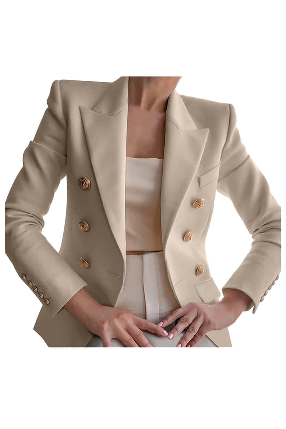 Womens Casual Blazer Jacket Gold Button Long Sleeve Work Office Blazer Lapel Open Front Suit Jacket Beige M
