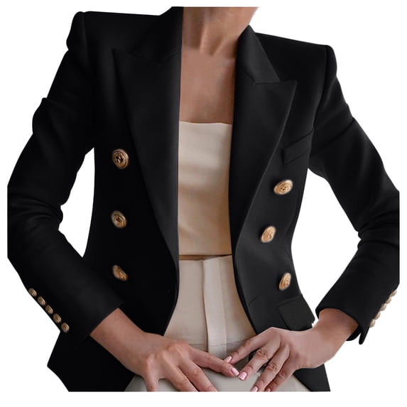 XFLWAM Womens Casual Blazer Jacket Gold Button Long Sleeve Work Office Blazer Lapel Open Front Suit Jacket Black S