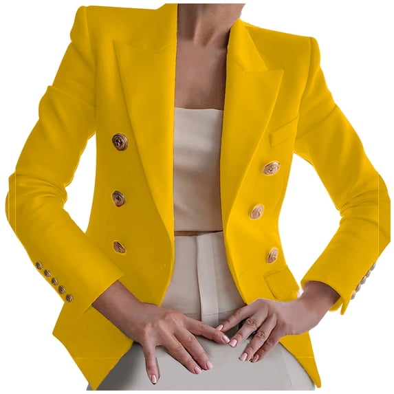 XFLWAM Womens Casual Blazer Jacket Gold Button Long Sleeve Work Office Blazer Lapel Open Front Suit Jacket Yellow M