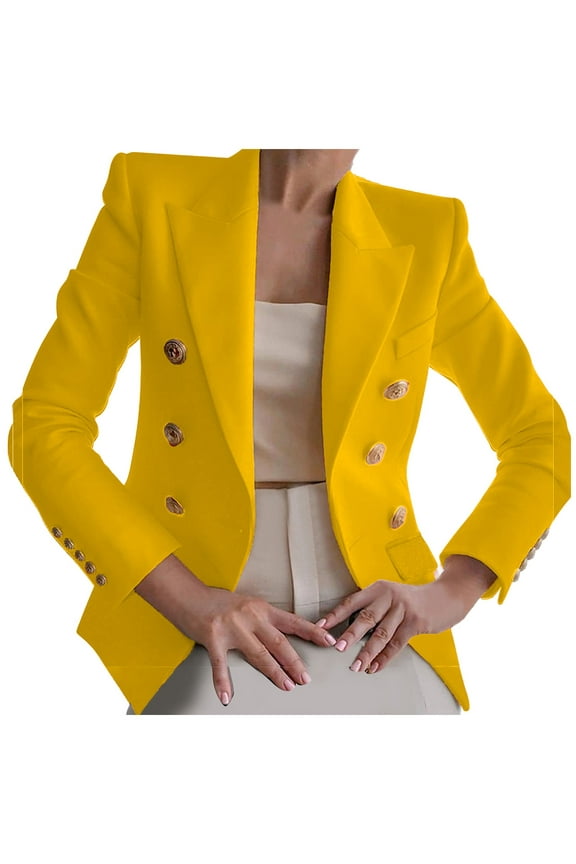 Womens Casual Blazer Jacket Gold Button Long Sleeve Work Office Blazer Lapel Open Front Suit Jacket Yellow S