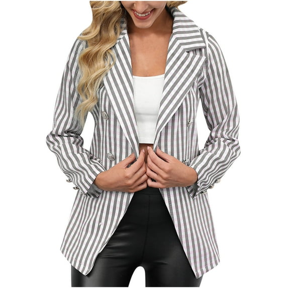 XFLWAM Womens Casual Blazer Jacket Striped Plaid Long Sleeve Coat Suit Open Front Work Office Blazer Lapel Double Breasted Jacket Pink S