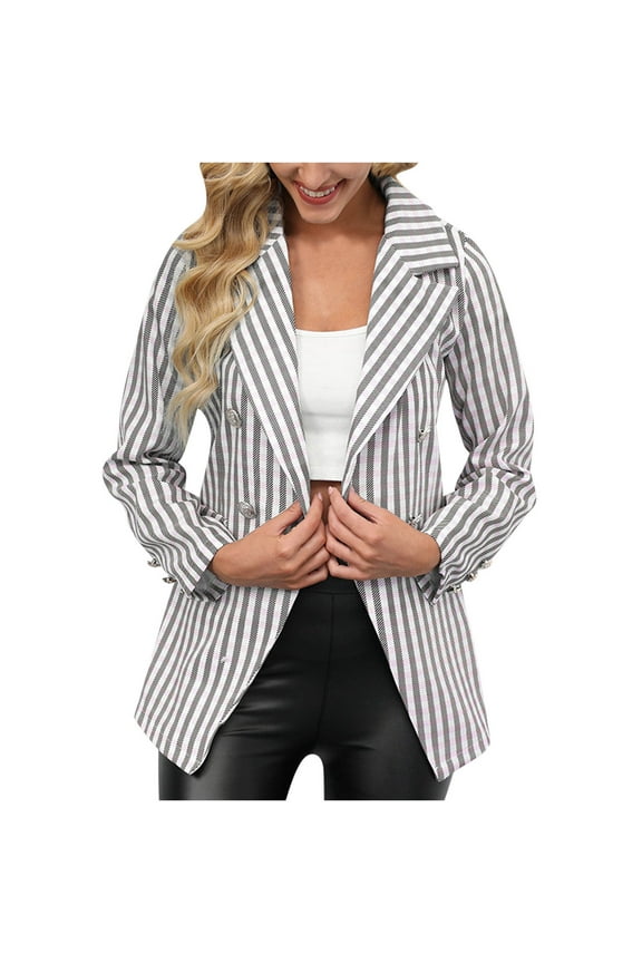 Womens Casual Blazer Jacket Striped Plaid Long Sleeve Coat Suit Open Front Work Office Blazer Lapel Double Breasted Jacket Pink XL
