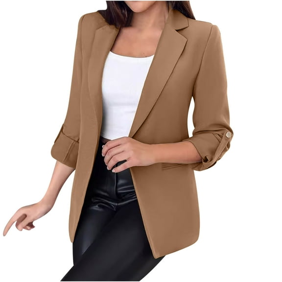 XFLWAM Womens Casual Blazers Long Sleeve Notch Lapel Open Front Suit Cardigan Blazer Work Office Jacket with Pockets Khaki M