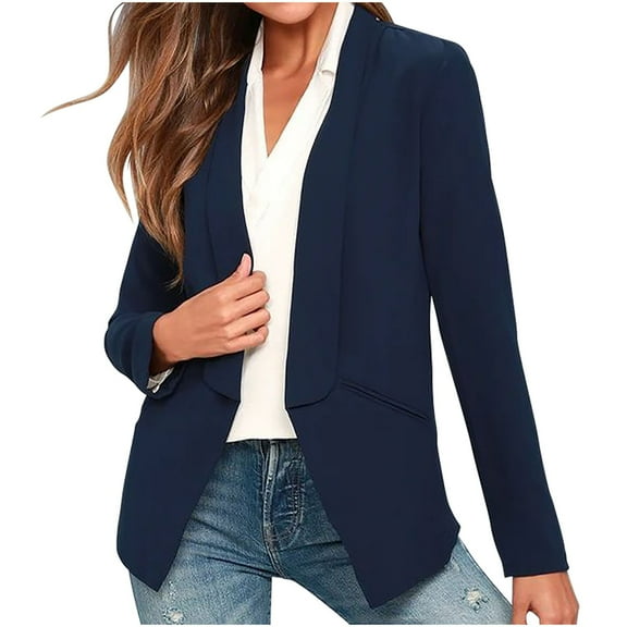 XFLWAM Womens Casual Blazers Open Front Long Sleeve Jacket Work Office Suit Jackets Blazer Fall Ruched Coat Tops Blue M