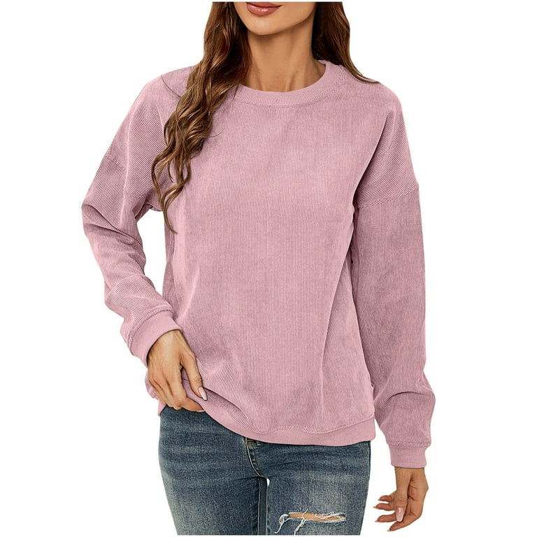 XFLWAM Womens Casual Corduroy Sweatshirt Crew Neck Long Sleeve Pullover  Tops Solid Color Sporty Shirts Pink S 