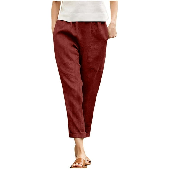 XFLWAM Womens Casual Cotton Tapered Capri Pants Loose Elastic Waist Ankle Cropped Trouser Summer Cotton Linen Wide Leg Pants with Pockets