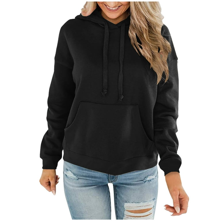 XFLWAM Womens Casual Hoodies Crew Neck Long Sleeve Sweatshirts With Pocket  Lightweight Drawstring Pullover Tops Black S 