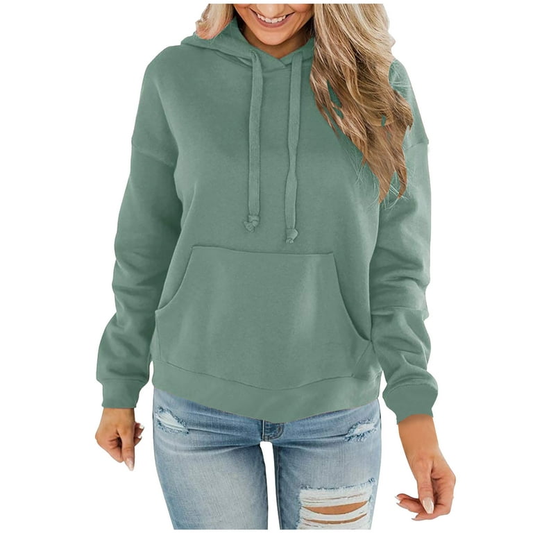 XFLWAM Womens Casual Hoodies Crew Neck Long Sleeve Sweatshirts With Pocket  Lightweight Drawstring Pullover Tops Green S 