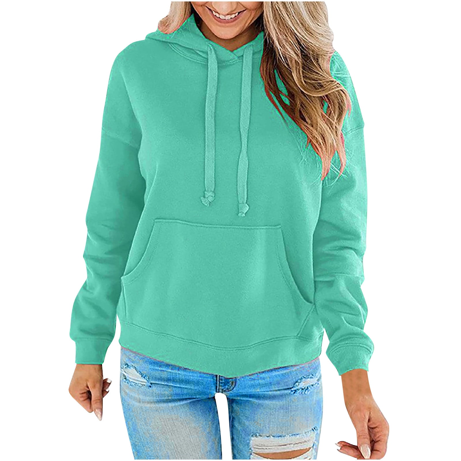 XFLWAM Womens Casual Hoodies Crew Neck Long Sleeve Sweatshirts With Pocket  Lightweight Drawstring Pullover Tops Green S