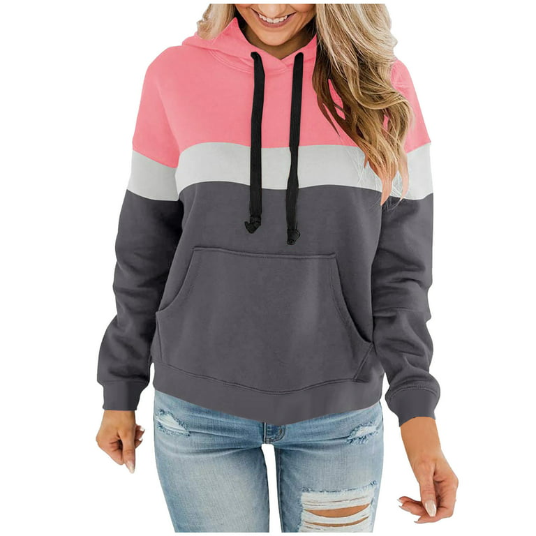 XFLWAM Womens Casual Hoodies Crew Neck Long Sleeve Sweatshirts With Pocket  Lightweight Drawstring Pullover Tops Pink-Gray XXL
