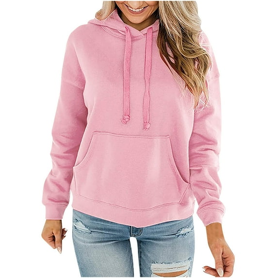 XFLWAM Womens Casual Hoodies Crew Neck Long Sleeve Sweatshirts With Pocket Lightweight Drawstring Pullover Tops Pink S