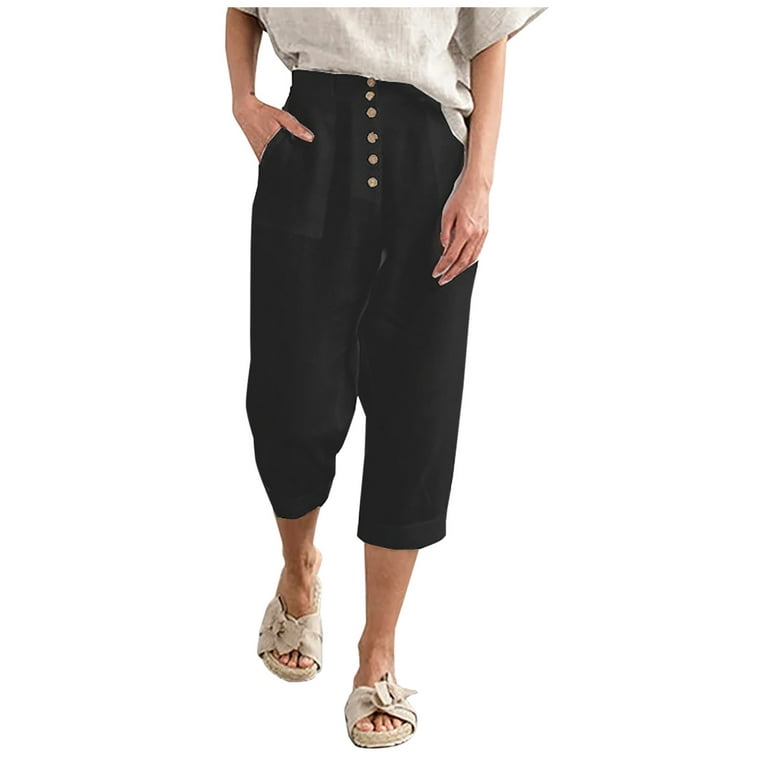 XFLWAM Womens Casual Loose Cotton Linen Pants Comfy Cropped Work Pants with  Pockets Elastic High Waist Paper Bag Pants Black L 