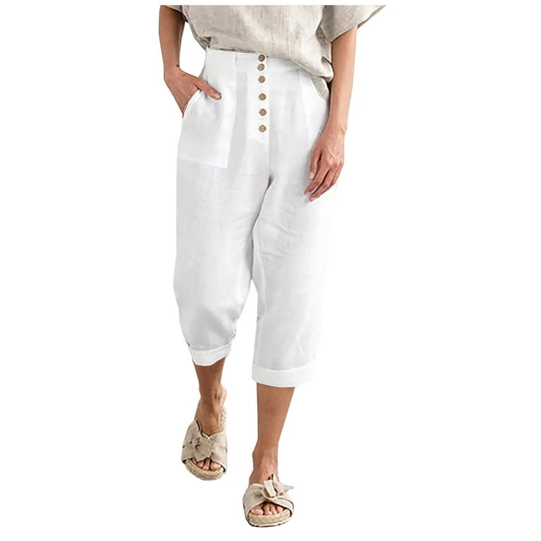 XFLWAM Womens Casual Loose Cotton Linen Pants Comfy Cropped Work Pants with  Pockets Elastic High Waist Paper Bag Pants White M 