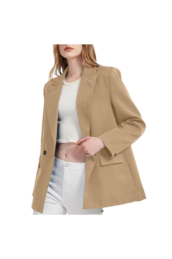 Womens Casual Oversized Blazer Button Down Long Sleeve Lapel Work Office Blazer Jackets with Pockets Khaki S