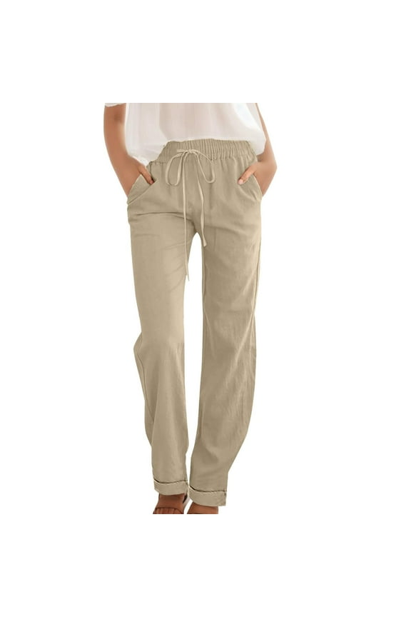 Womens Casual Pants Straight Leg Drawstring Elastic High Waist Loose Comfy Trousers with Pockets Khaki S