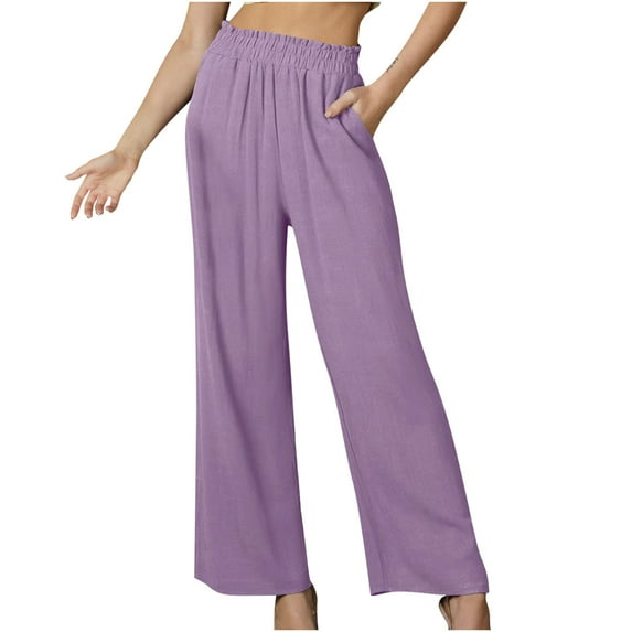 XFLWAM Womens Casual Pants Straight Leg Elastic High Waist Loose Comfy Trousers with Pockets Purple XL