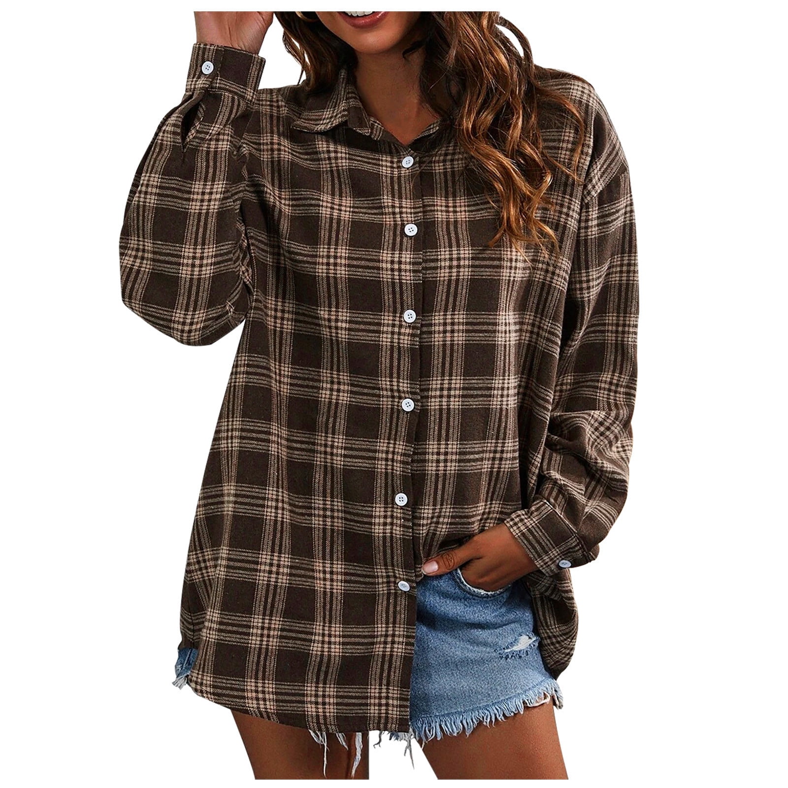 XFLWAM Womens Casual Plaid Flannel Shirt Oversized Long Sleeve Button Down  Shirt Blouses Tops Spring Shackets Fashion Brown XL