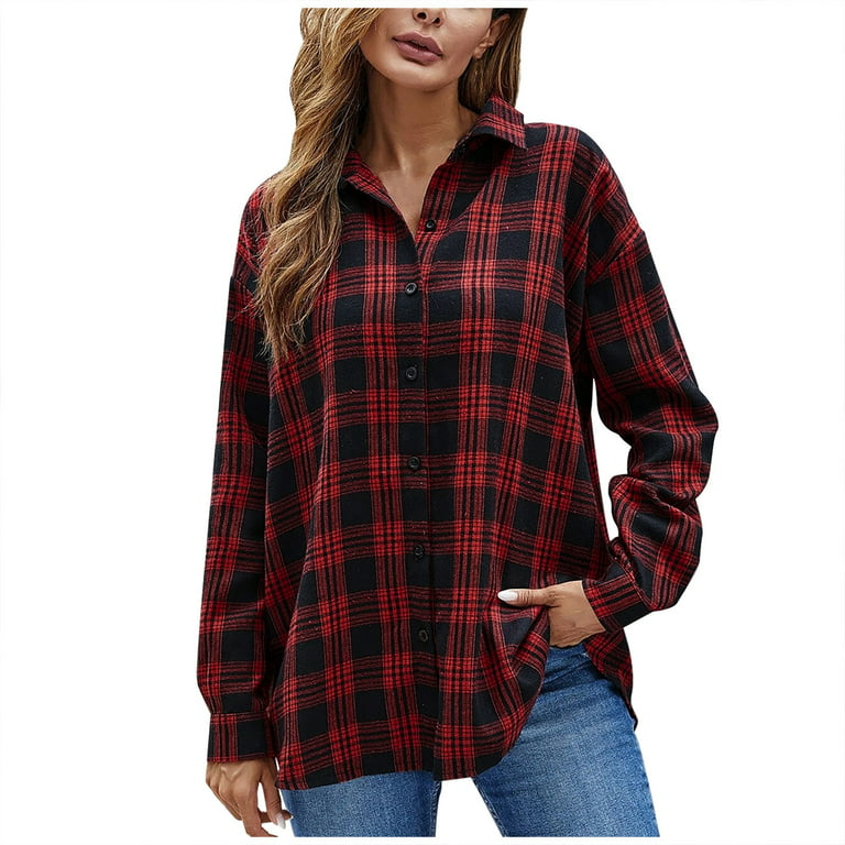 XFLWAM Womens Casual Plaid Flannel Shirt Oversized Long Sleeve