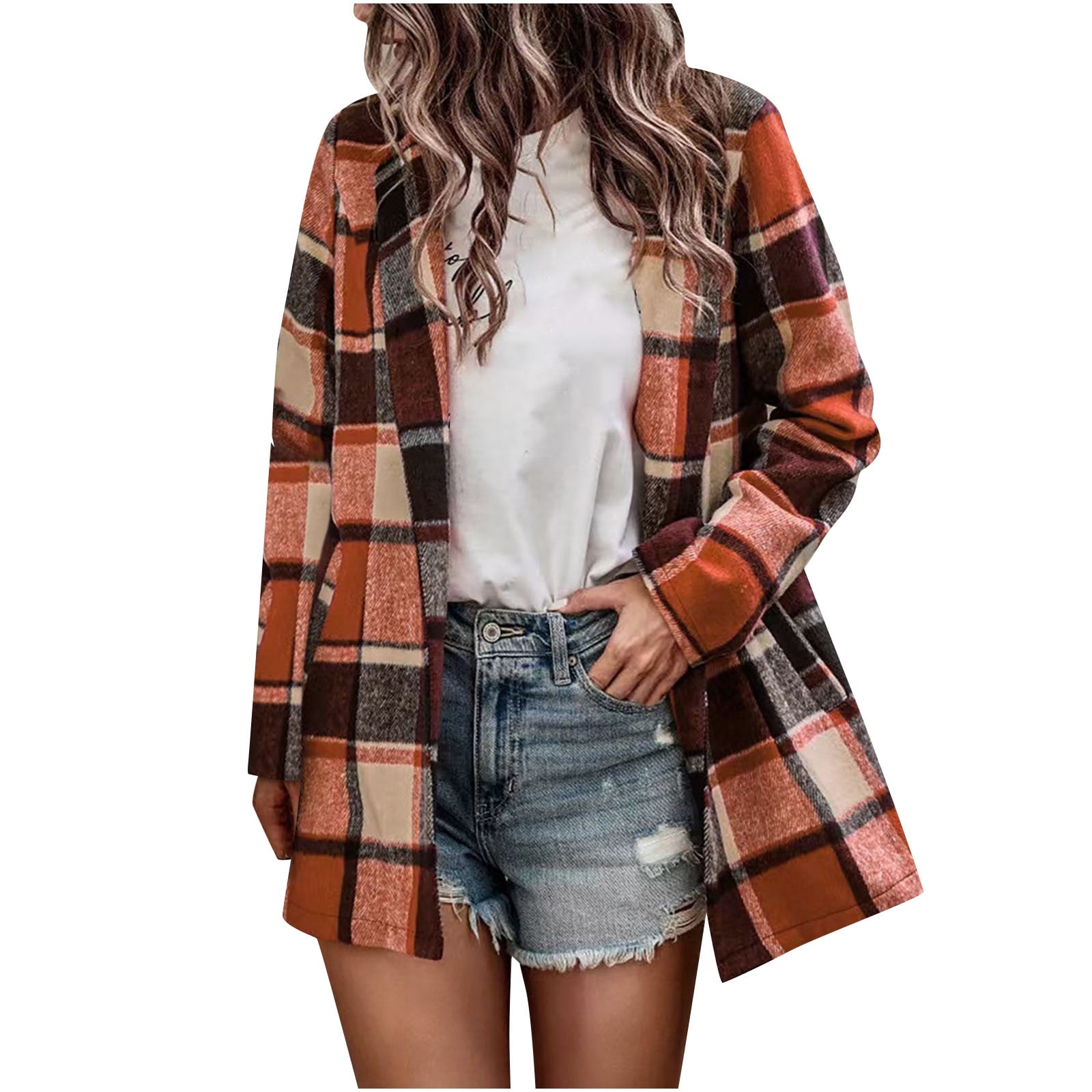 XFLWAM Womens Cropped Plaid Jacket Flannel Casual Wool Blend Long Sleeve  Button Down Shirt Shacket Jackets Coat Tops Dark Blue L 