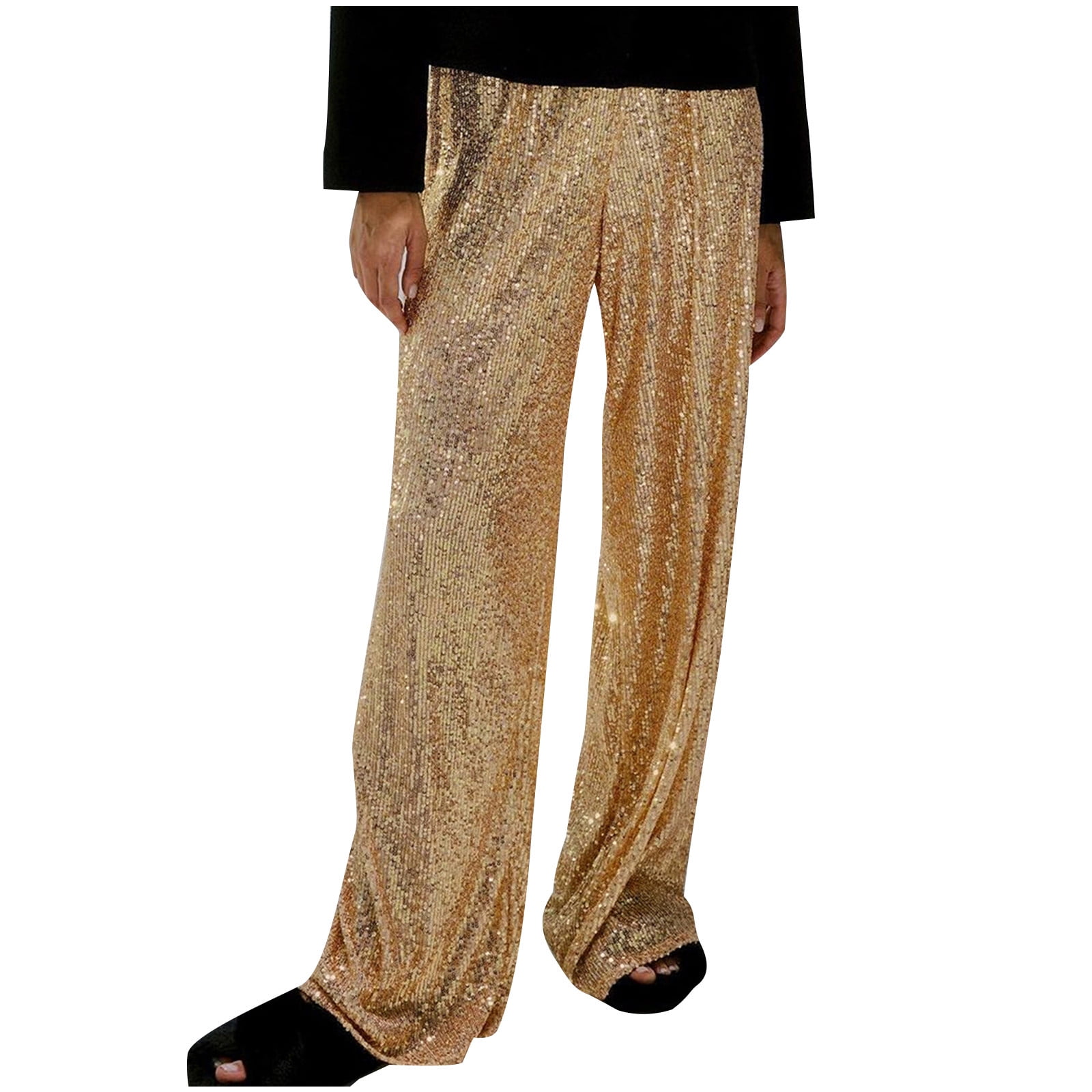 XFLWAM Womens Casual Sequin Wide Leg Baggy Pants Elastic High Waist Y2K Trouser Pants Bottom Streetwear Gold L