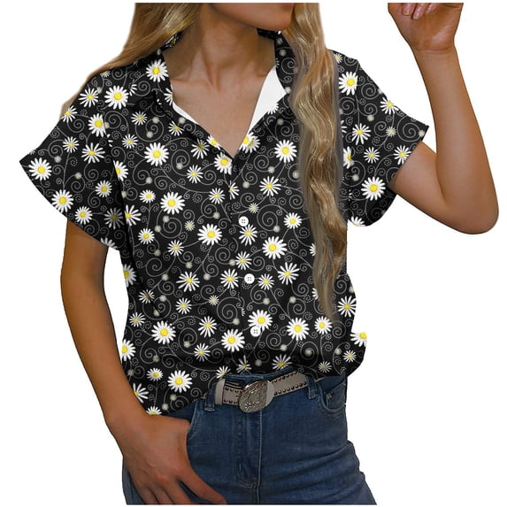 XFLWAM Womens Casual Short Sleeve Button Down Shirts Summer Cotton Solid Color Top Blouses with Pockets Black L