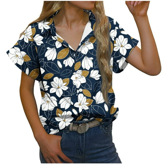 XFLWAM Womens Casual Short Sleeve Button Down Shirts Summer Cotton Solid Color Top Blouses with Pockets Navy Blue L