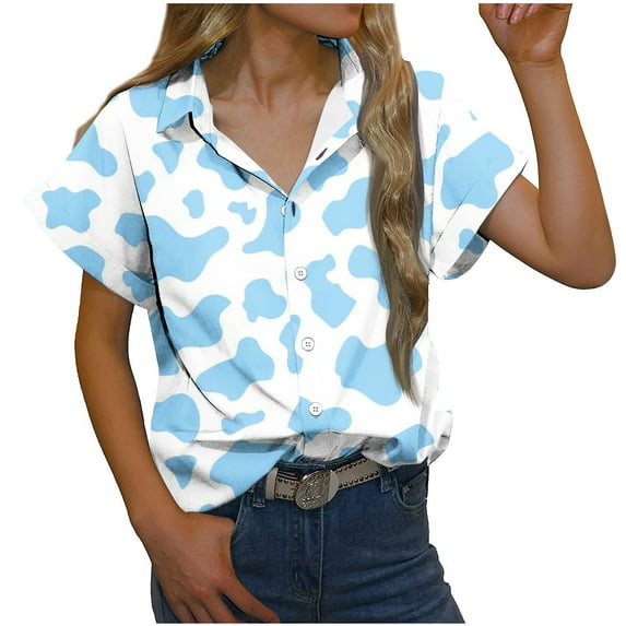 XFLWAM Womens Casual Short Sleeve Button Down Shirts Summer Cotton Solid Color Top Blouses with Pockets Sky Blue XXXL