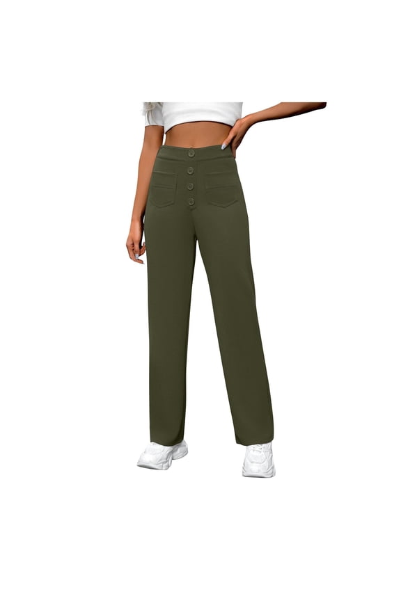 Womens Casual Straight Leg Pants Stretchy Business Work Slacks Elastic High Waisted Button Trousers with Multiple Pockets Army Green XXL