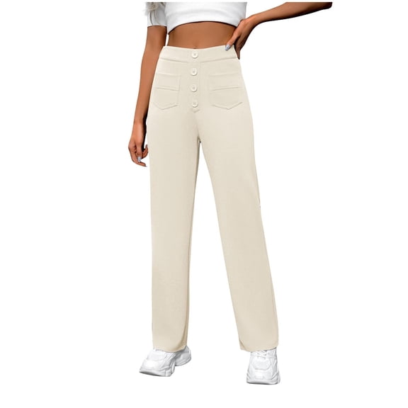 XFLWAM Womens Casual Straight Leg Pants Stretchy Business Work Slacks Elastic High Waisted Button Trousers with Multiple Pockets Beige S