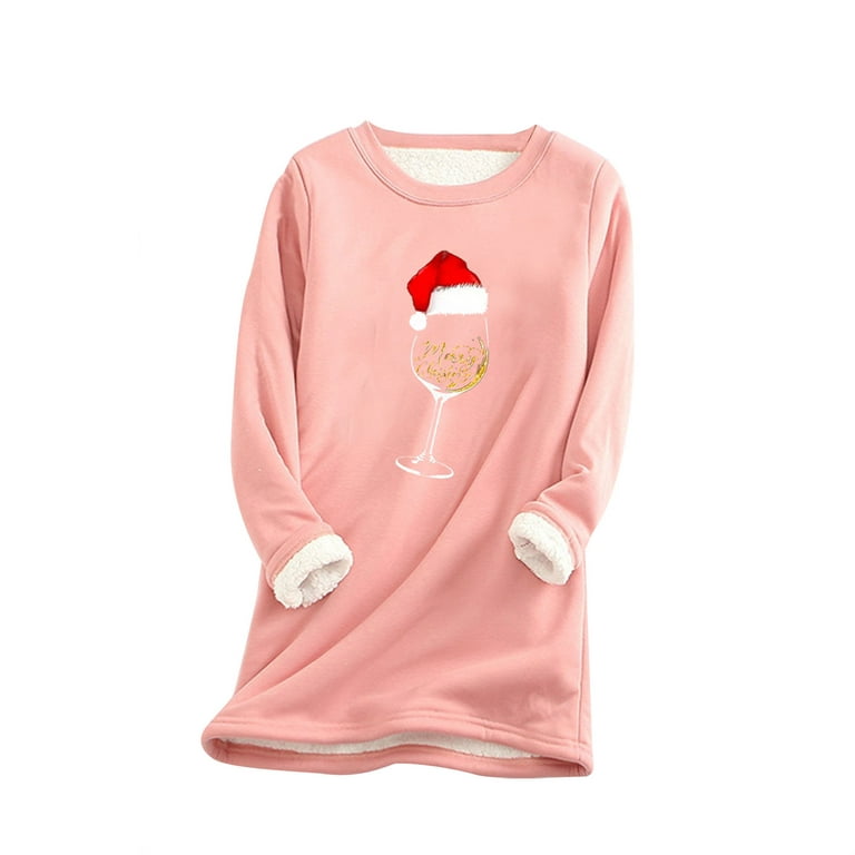 XFLWAM Womens Christmas Fuzzy Fleece Sweatshirt Winter Warm Red Wine Glass  Print Pullover Tops Casual Loose Xmas Blouse Pink XXL 