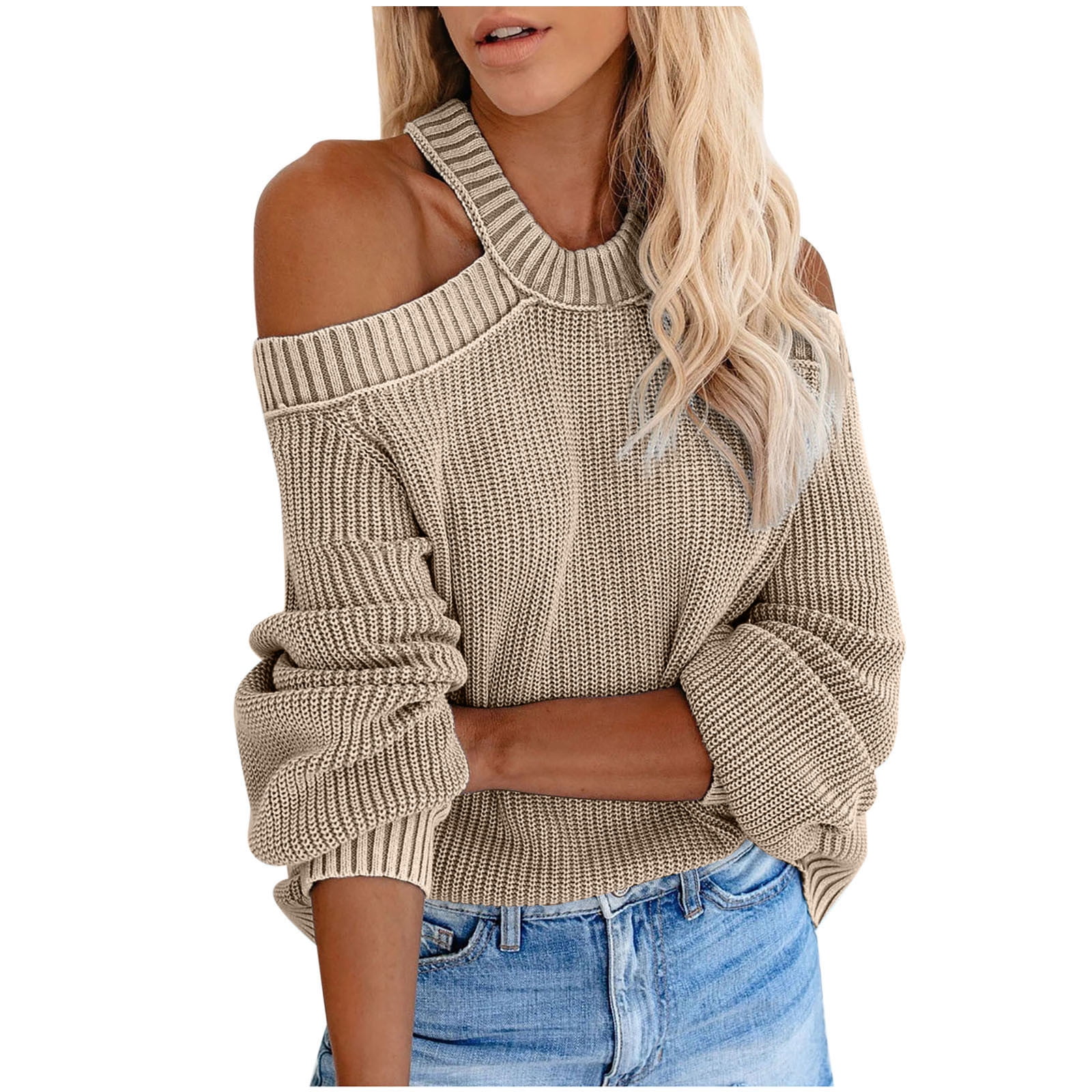 XFLWAM Womens Cold Shoulder Knit Sweaters Long Sleeve
