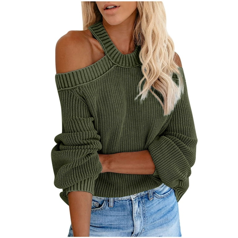 XFLWAM Womens Cold Shoulder Knit Sweaters Long Sleeve Crewneck Backless  Jumper Tops Green L 