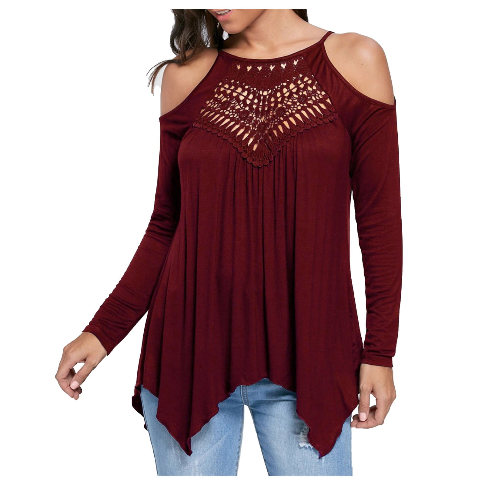 XFLWAM Womens Cold Shoulder Long Sleeve Tops Casual Fall Lace T Shirts ...