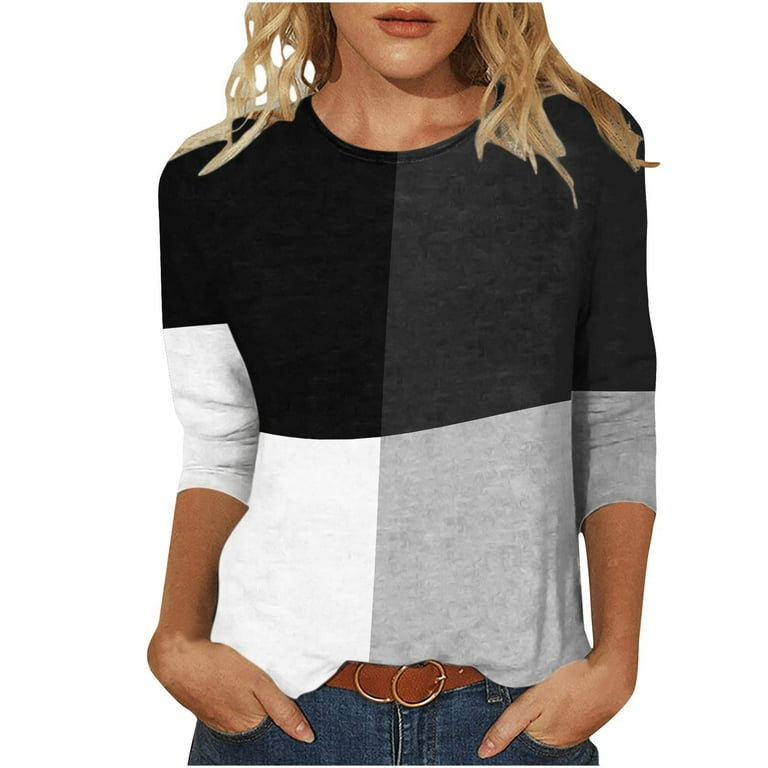 XFLWAM Womens Color Block Blouse Tops 2023 Fashion 3/4 Sleeve Crewneck  Graphic Tees Ladies Cozy Loose Fit Going Out Shirts Gray L 