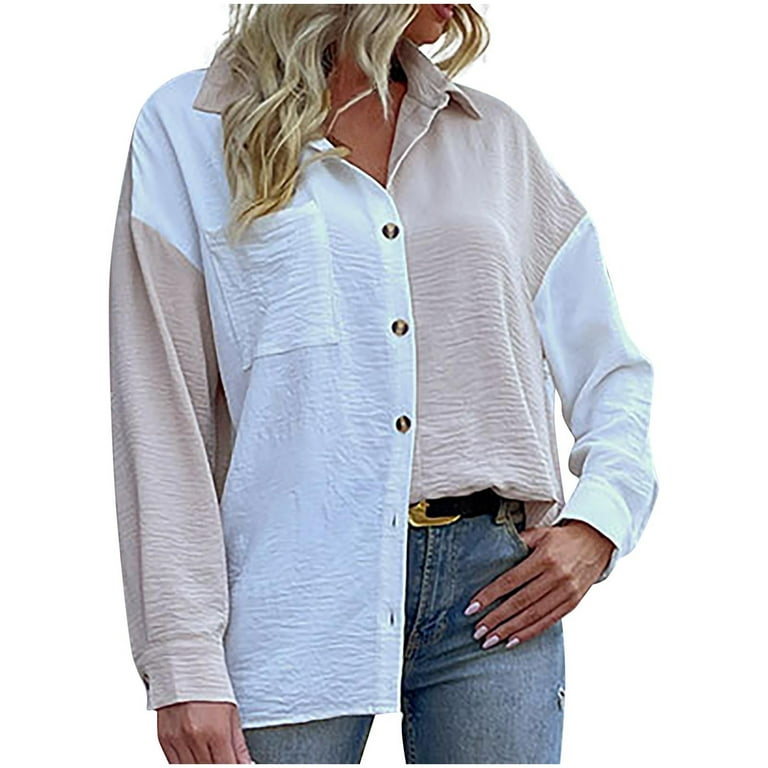 XFLWAM Womens Color Block Button Down Shirts Tie Kont Long Sleeve Oversized  Boyfriend Blouses Tops Beige XL 