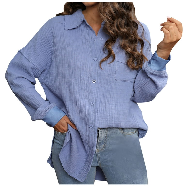 XFLWAM Womens Cotton Linen Button Down Shirt Casual Long Sleeve Loose Fit  Collared Solid Color Work Blouse Tops with Pocket Blue L 