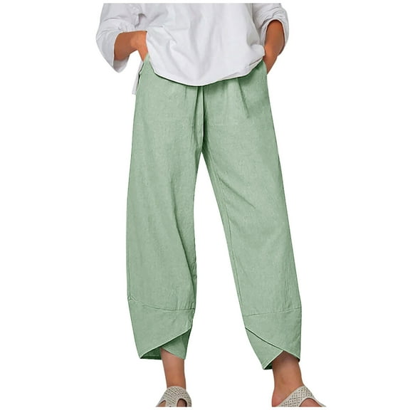 XFLWAM Womens Cotton Linen Capri Pants Summer Elastic Waisted Casual Pants Wide Leg Loose Fit Comfy Pajama Beach Trousers Green XL