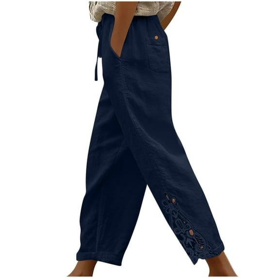 XFLWAM Womens Cotton Linen Pants Lace Stitching Cropped Pants High Rise Vintage Trousers Casual Lightweight Loose Pants Navy Blue L