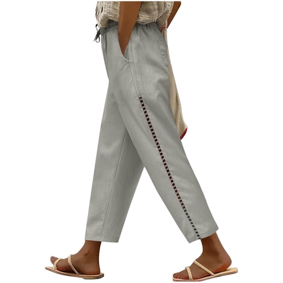 XFLWAM Womens Cotton Linen Pants with Pockets Casual Loose Drawstring High Waist Wide Leg Pants Summer Beach Trousers Gray XXL