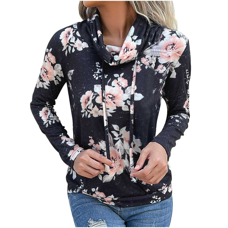 XFLWAM Womens Cowl Neck Tunic Tops Long Sleeve Floral Print Pullovers  Casual Drawstring Sweatshirts Black S 