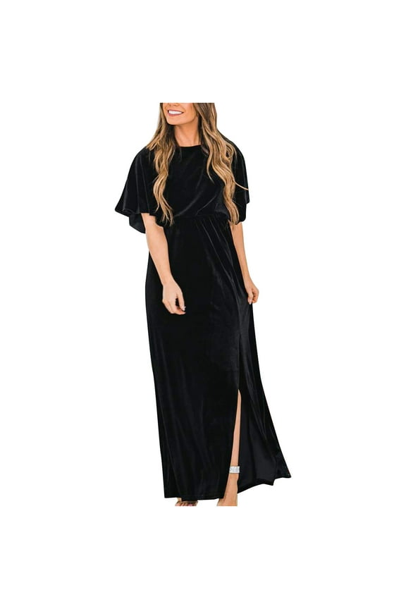 Womens Crew Neck Bell Sleeve Velvet Winter Formal Dresses Elegant Fall Maxi Evening Party Dress Black S