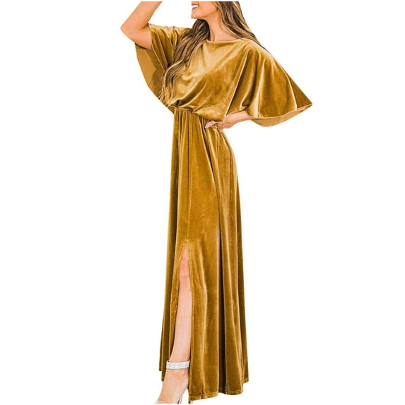 XFLWAM Womens Crew Neck Bell Sleeve Velvet Winter Formal Dresses Elegant Fall Maxi Evening Party Dress Gold XL
