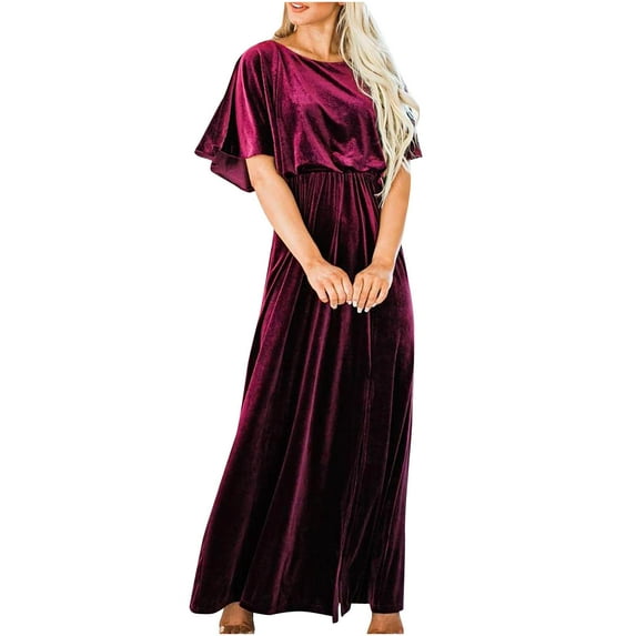 XFLWAM Womens Crew Neck Bell Sleeve Velvet Winter Formal Dresses Elegant Fall Maxi Evening Party Dress Red M