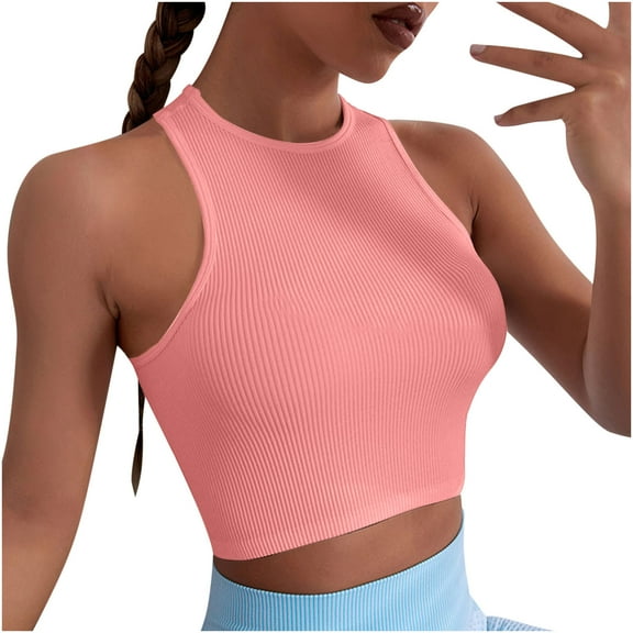 XFLWAM Womens Crew Neck Crop Tops Basic Sleeveless Tank Top Solid Rib-Knit Cami Yoga Crop Tanks Pink M