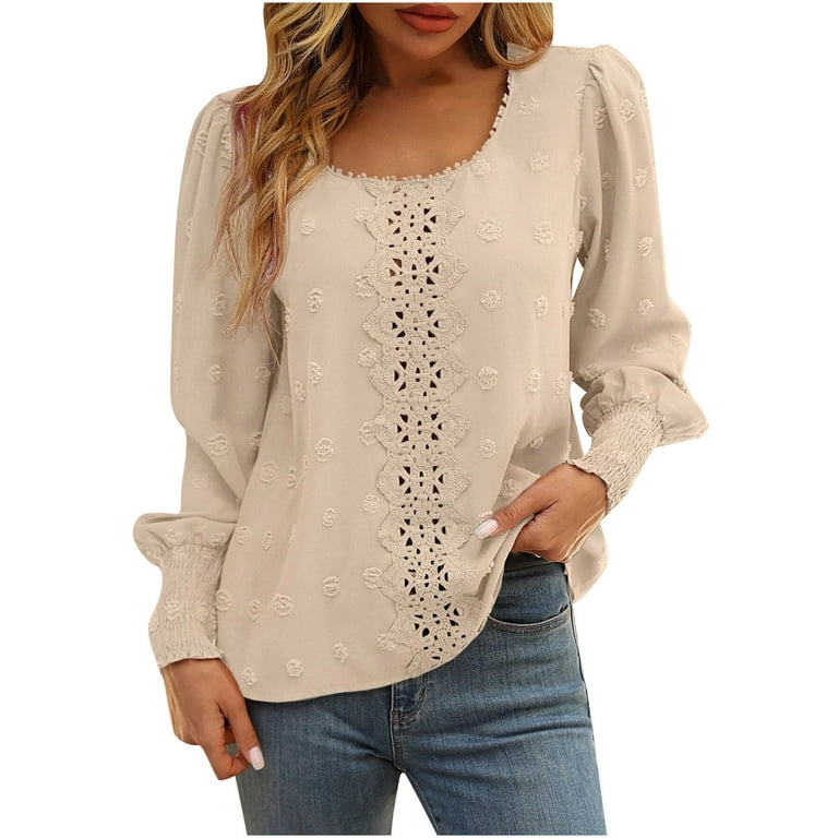 XFLWAM Womens Crew Neck Lace Trim Tops Puff Long Sleeve T Shirts Business  Casual Tops Swiss Dot Blouse with Smocked Cuff Beige XL 